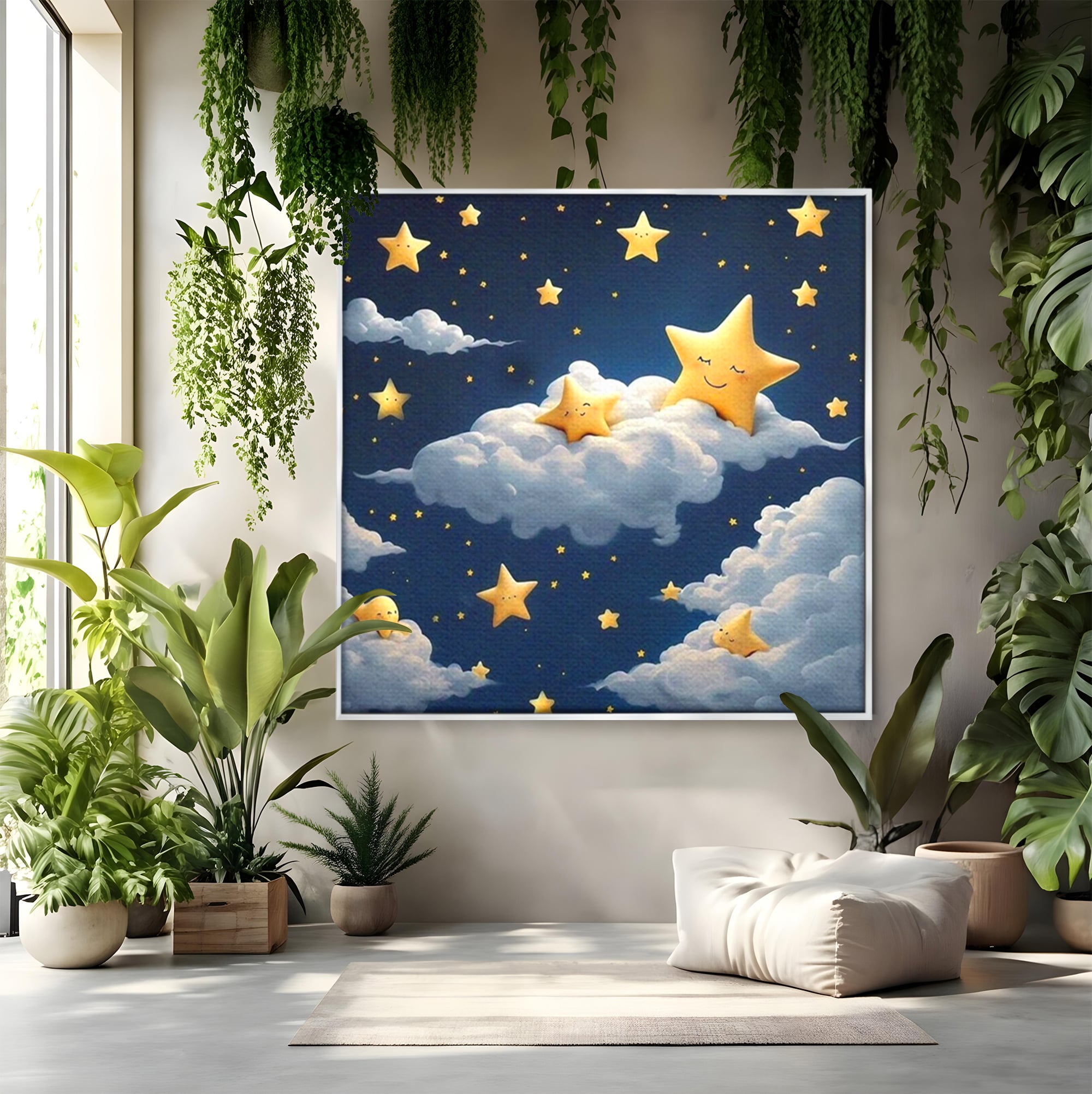 Tablou canvas cu ilustratie cu stelute si norisori, in rama de aluminiu argintiu